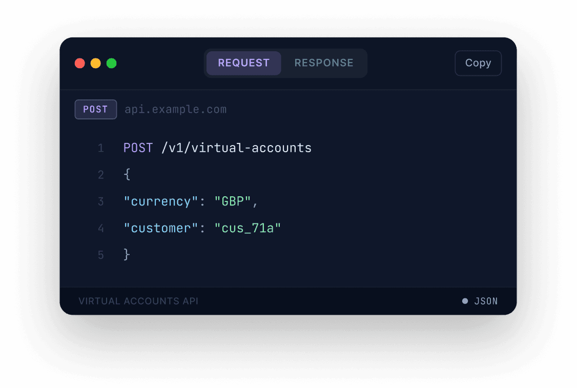 API request creating a virtual account with a currency and customer reference