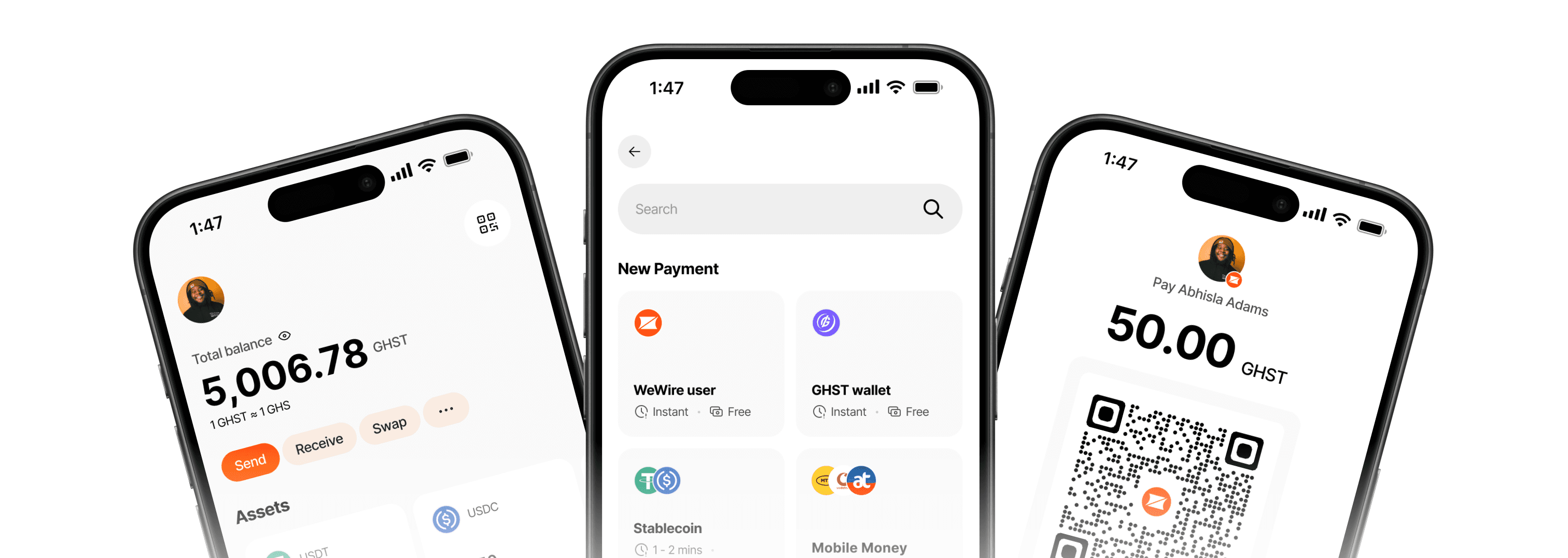 WeWire App - Home, Payment, and Transfer screens