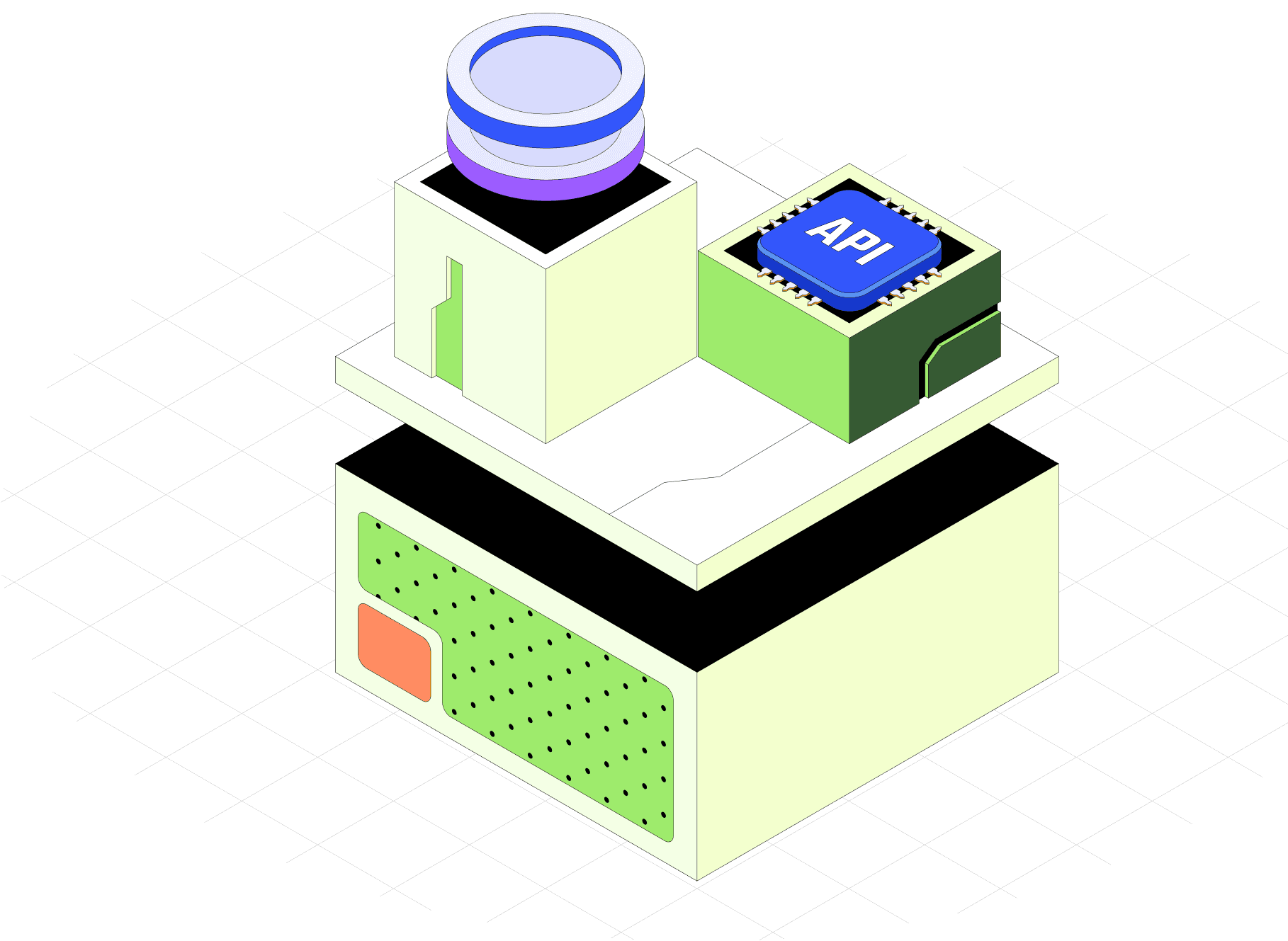 Isometric illustration of stacked infrastructure blocks with an API chip