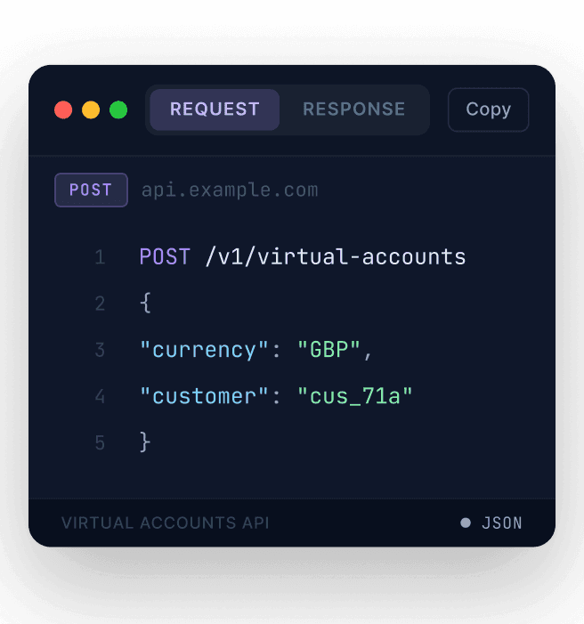 API request creating a virtual account with a currency and customer reference